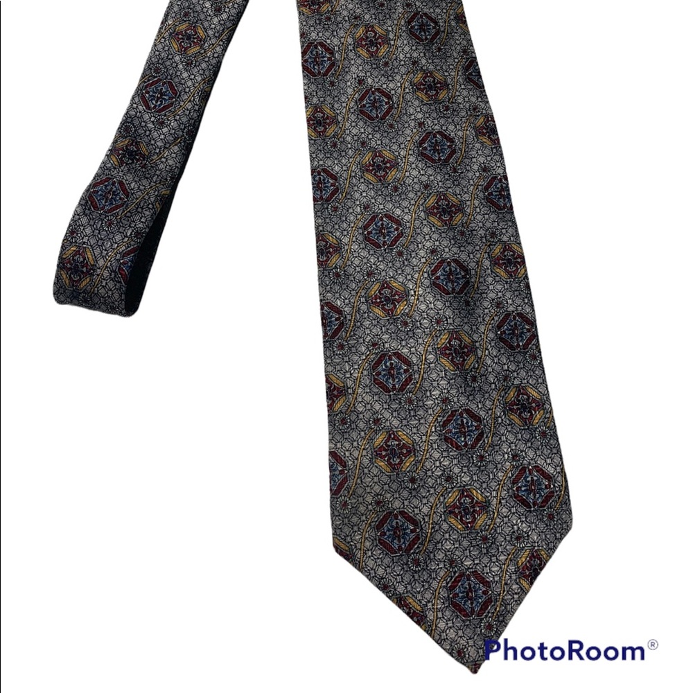 Salem MENS TIE NECKTIE 3.75 in 100% Silk USA  Gray, Maroon, Gold geometric.